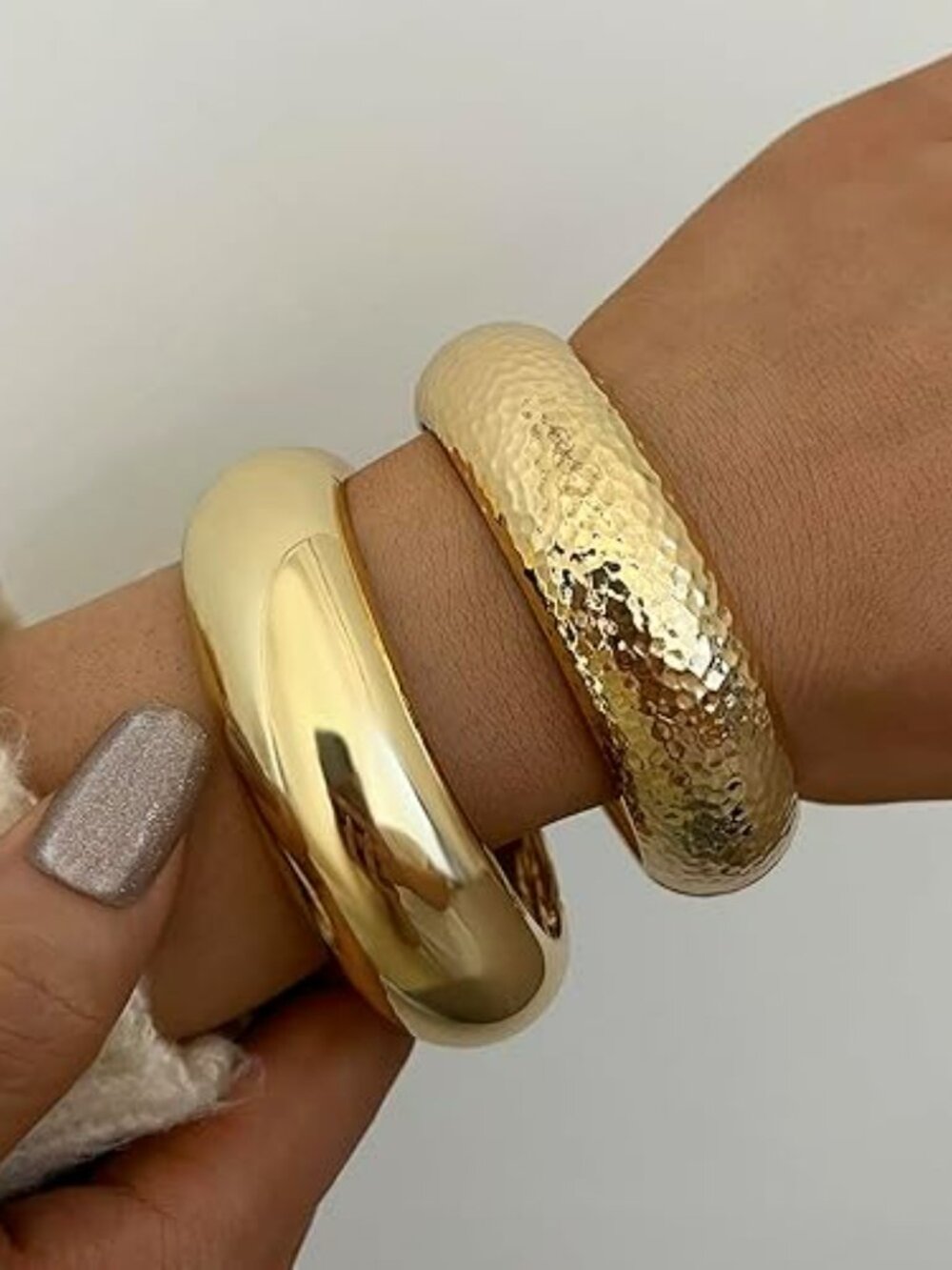 2 Chunky Gold Bangle Bracelets Dainty 14k Gold Plated Big Stackable Elegance NEW